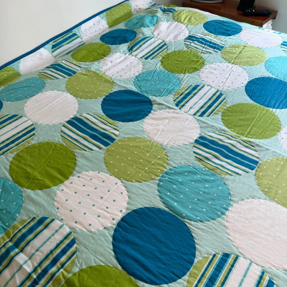 Full Queen Large Polka Dot Geometric Striped Cotton Quilt Kidcore Back to School